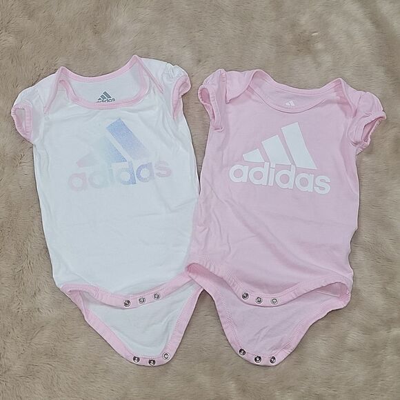 ADIDAS TWO PINK AND WHITE LOGO BODYSHIRTS ONESIES, SIZE 9 MONTHS - Picture 1 of 6